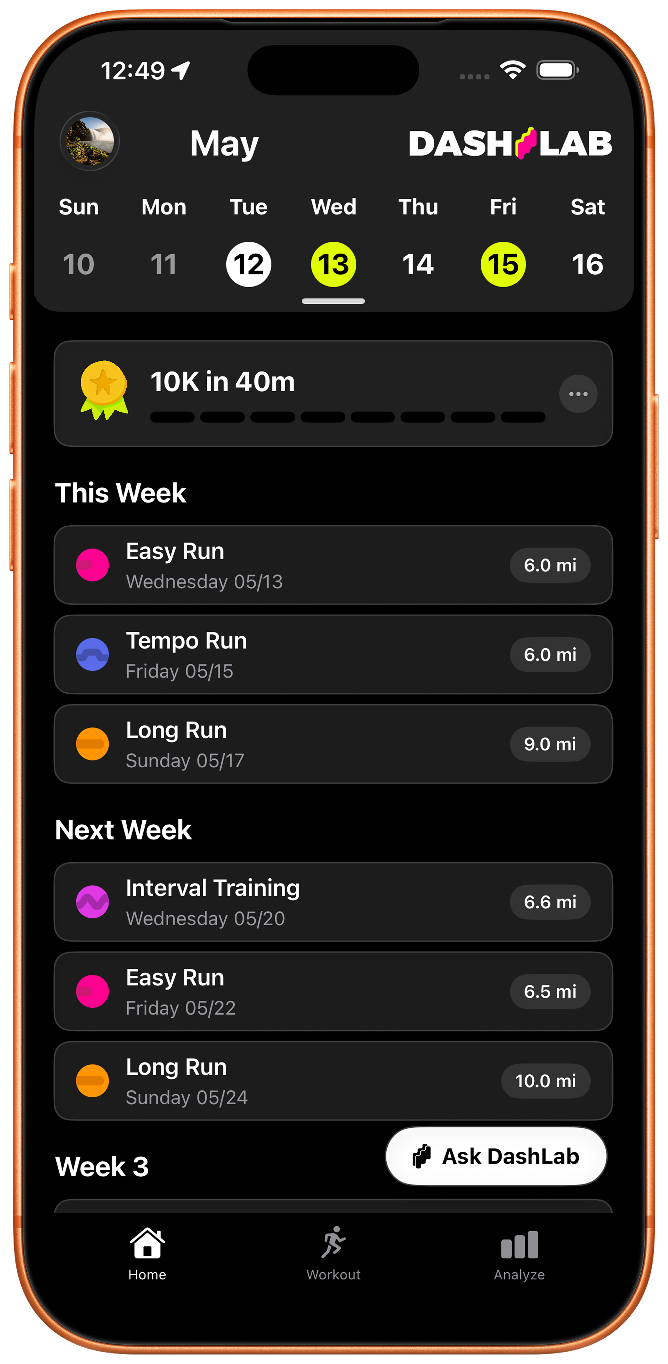 DashLab weekly training schedule with this week and next week