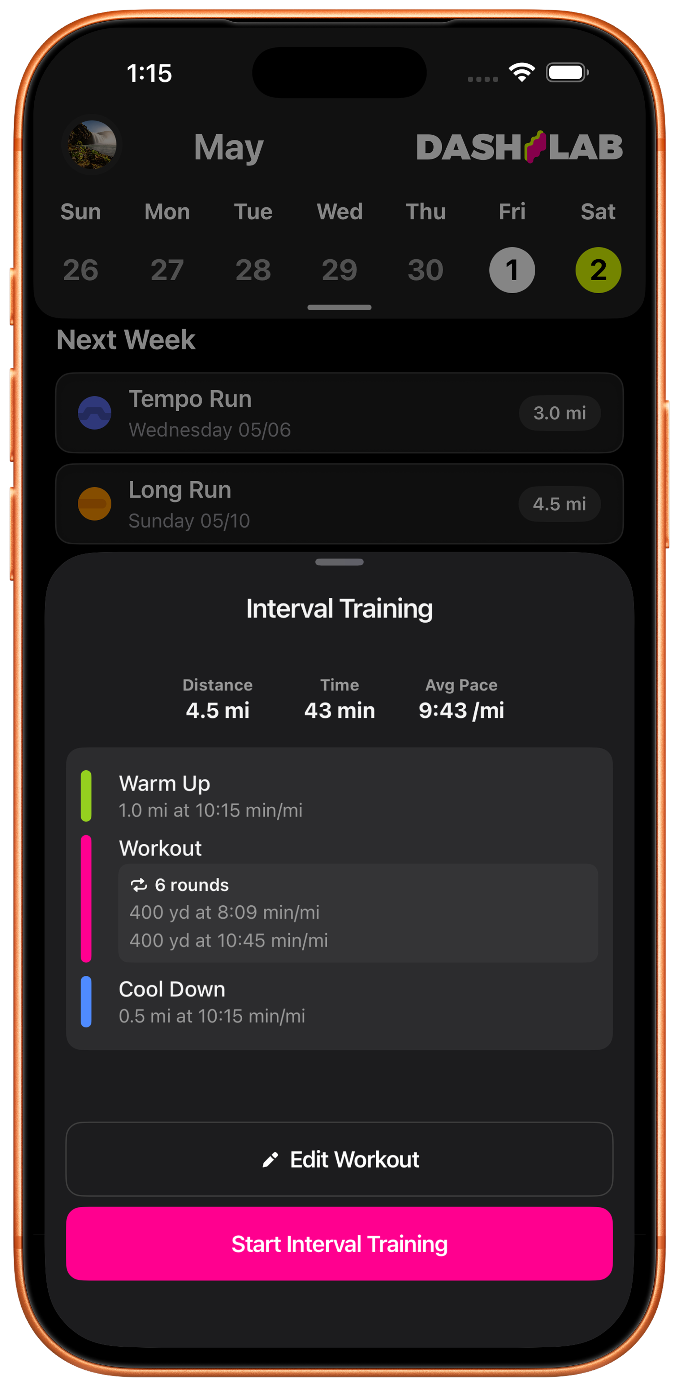 DashLab interval workout detail with warm-up, intervals, and cool-down